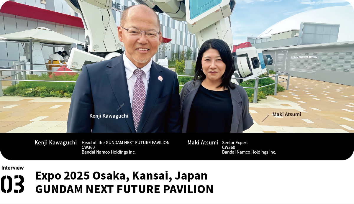 Left:Kenji Kawaguchi Expert Head of  the GUNDAM NEXT FUTURE PAVILION
CW360 Bandai Namco Holdings Inc. Right:Maki Atsumi Senior Expert CW360 Bandai Namco Holdings Inc.
