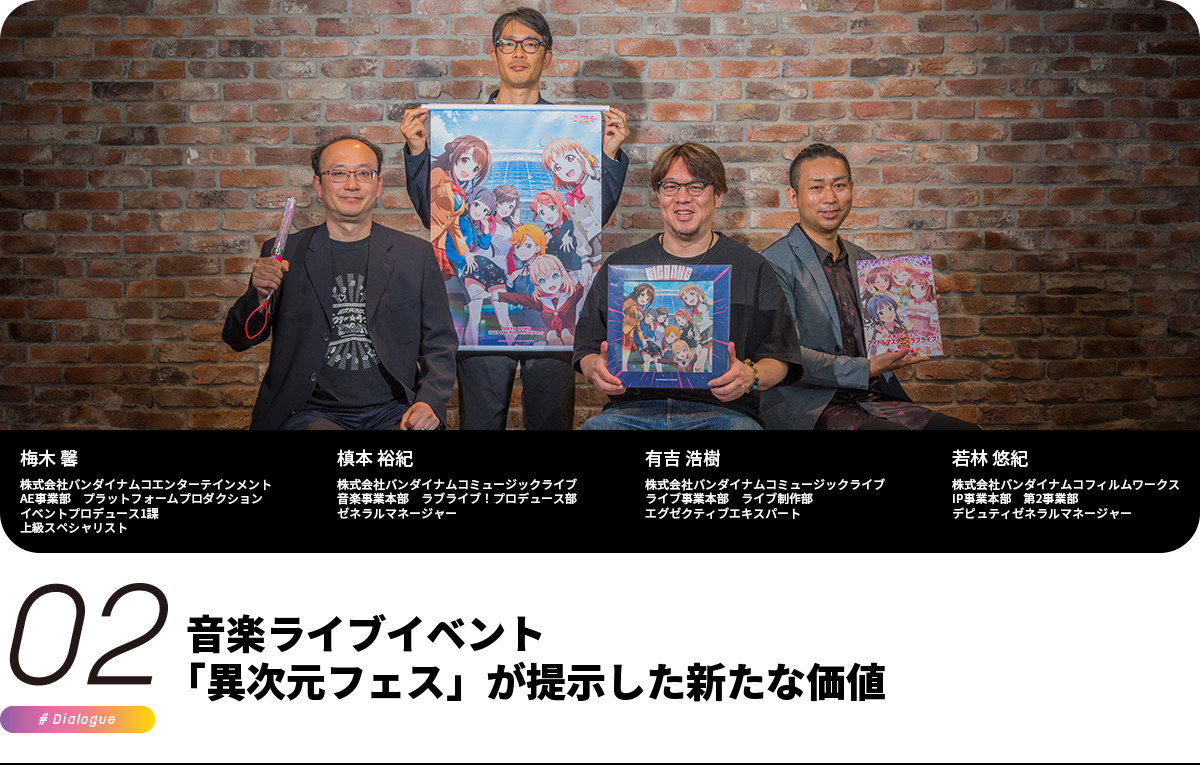 音楽ライブイベント「異次元フェス」が提示した新たな価値 梅木 馨 株式会社バンダイナムコエンターテインメント AE事業部 プラットフォームプロダクション イベントプロデュース1課 上級スペシャリスト 槙本 裕紀 株式会社バンダイナムコミュージックライブ 音楽事業本部 ラブライブ!プロデュース部 ゼネラルマネージャー 有吉 浩樹 株式会社バンダイナムコミュージックライブ ライブ事業本部 ライブ制作部 エグゼクティブエキスパート 若林 悠紀 株式会社バンダイナムコフィルムワークス IP事業本部 第2事業部 デピュティゼネラルマネージャー