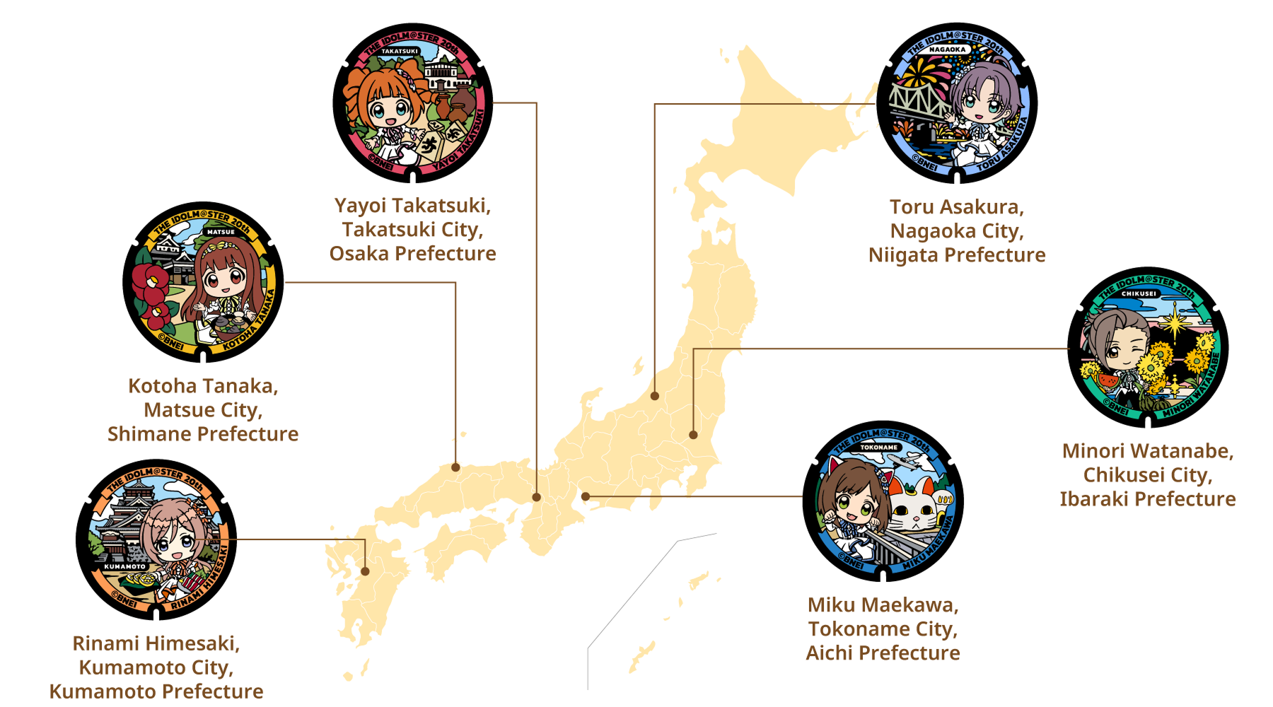A map showing the reach of the IDOLM@STER Manhole Project: FUTAM@S!!!!!! across Japan. Manhole covers featuring designs of idols associated with each region have been installed, including Yayoi Takatsuki in Takatsuki City, Osaka Prefecture, Kotoha Tanaka in Matsue City, Shimane Prefecture, and Miku Maekawa in Tokoname City, Aichi Prefecture.