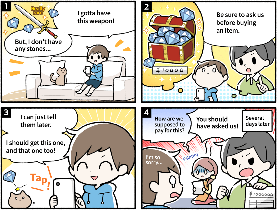 An illustration showing an example of a four-panel comic appearing in the Online Game Safety Guide. There have been cases where children have made in-app purchases without their parents’ permission and then were asked to pay large sums afterward.